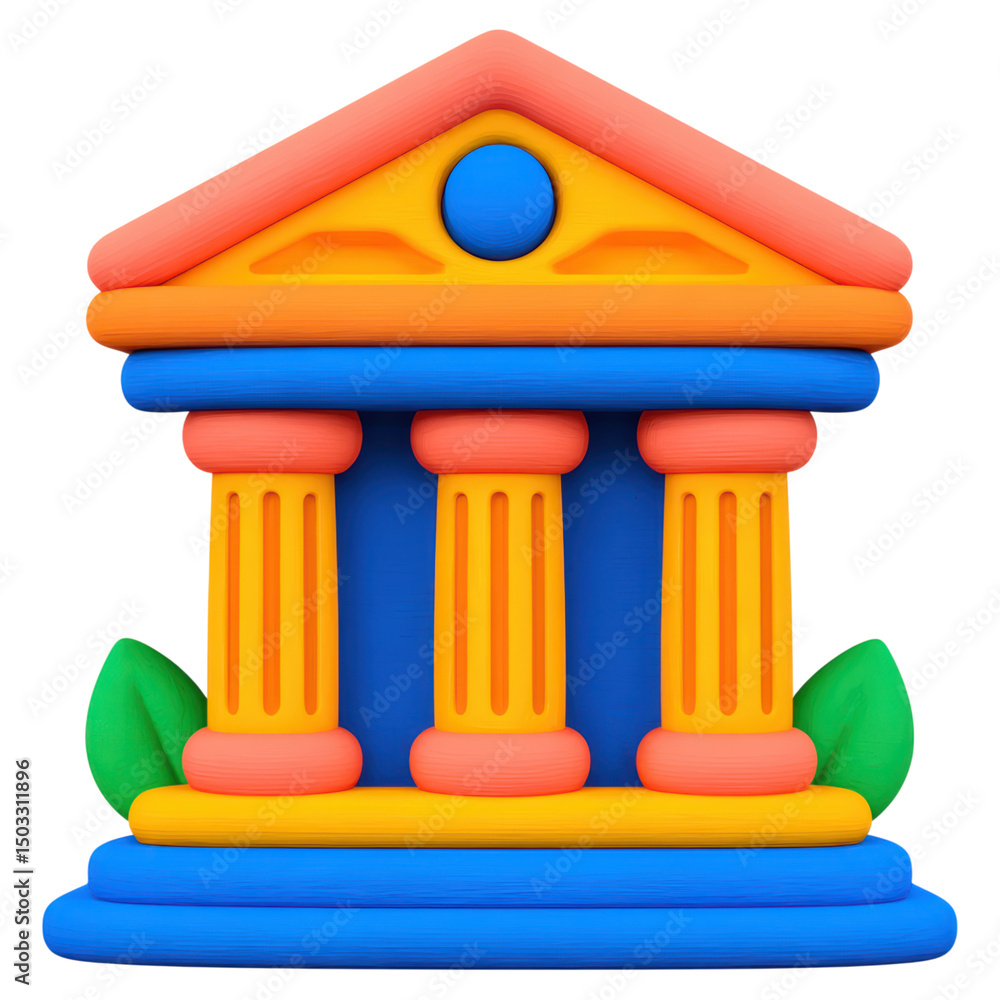 Poster colorful 3d model of a classical building with pillars and decorative elements, isolated on transpar