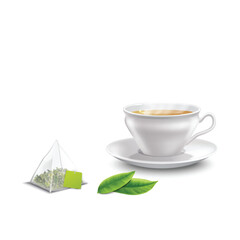 A cup of herbal green tea with powder and tea leaves isolated on white background