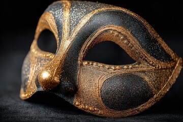 A carnival mask with a dark backdrop and gold glitter. Generative Ai