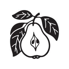 Pear Fruit with Leaves Silhouette White Background.