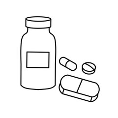 Black and white illustration of a medicine bottle with pills and capsules placed beside it, isolated on a white background.