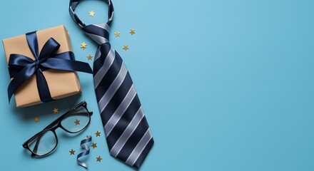 Blue tie and gifts with glasses on blue
