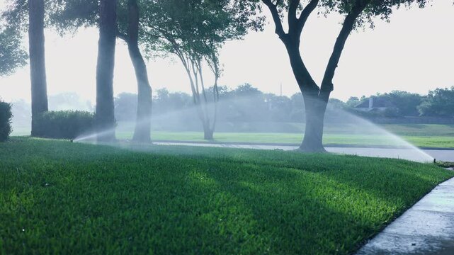 Automatic Sprinklers Watering Green Lawn in Summer