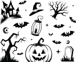 High-quality Halloween vector illustration featuring spooky and fun design elements including ghosts, jack-o'-lanterns, bats, witches, skulls, and spider webs. Perfect for seasonal design projects suc