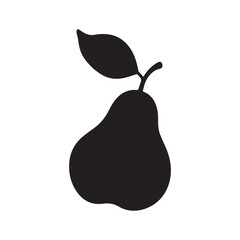 Pear Fruit with Leaves Silhouette White Background.