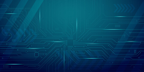 Abstract blue green gradient electronic circuit board background. Vector illustration of technology pattern and digital device connections with modern neon glowing lines.