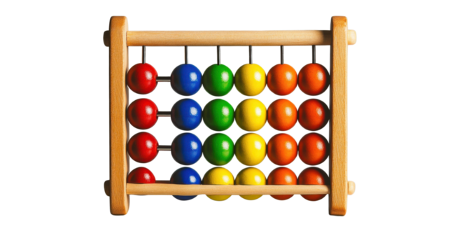 Colorful abacus with wooden frame showing numbers on transparent background