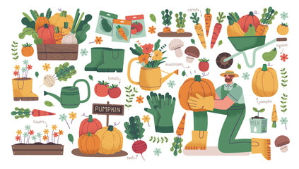 Cartoon Farming Clip Art Isolated on White Background. Farmer Holding Pumpkin. Farm Illustrations.