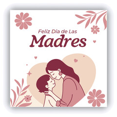 Feliz Dia de la Madre, Happy Mother's Day invitation card. Greeting card with pink background and red hearts, bold pink text and pink love heart pattern gradient background.