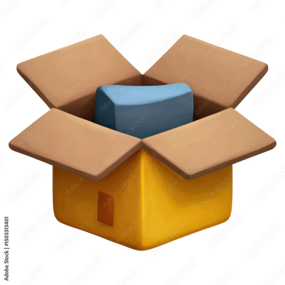 Poster open cardboard box with blue block inside ready for packing or shipping, isolated on transparent bac