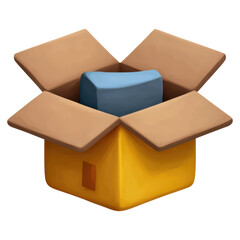 Open cardboard box with blue block inside ready for packing or shipping, isolated on transparent background.