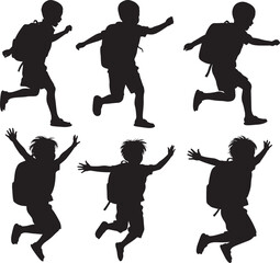 Children with backpacks jumping silhouette vector illustration