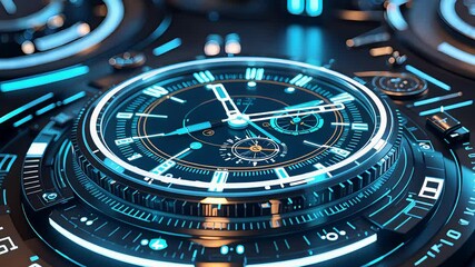Futuristic digital chronograph watch interface with glowing blue neon details, mechanical gears, and precision time display elements
- Powered by Adobe