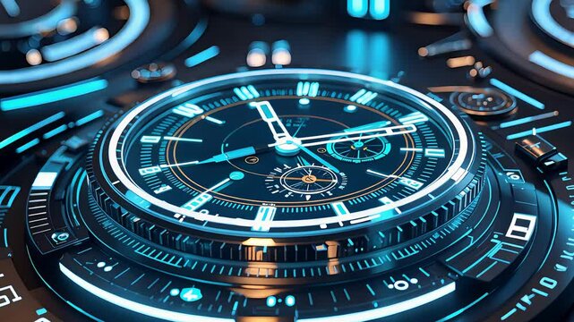 Futuristic digital chronograph watch interface with glowing blue neon details, mechanical gears, and precision time display elements

