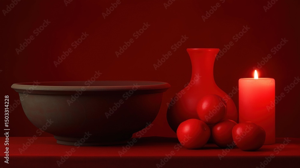 Poster red background with a few objects on it. on the left side of the image, there is a large, dark brown