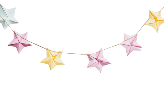 Pastel colored origami stars hanging on a string with transparent background