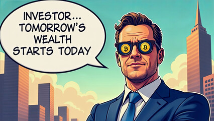 An editorial-style artwork of a confident investor in a suit, with sunglasses displaying digital currency icons, and a speech bubble saying "Tomorrow’s Wealth Starts Today"