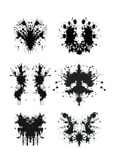 Rorschach test inkblots set isolate on white background.Abstract black ink stains inkblot blots silhouettes for mental treatment,psychology,psychiatry examination.Diagnosis of schizophrenia.