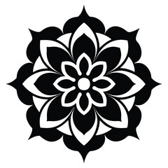 Intricate Black and White Floral Emblem – Symmetrical Decorative Flower Design