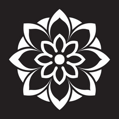 Intricate Black and White Floral Emblem – Symmetrical Flower Design on Dark Background