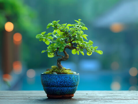 Premna. A miniature bonsai tree featuring fresh green leaves flourishes in a pot, set against a peaceful setting
