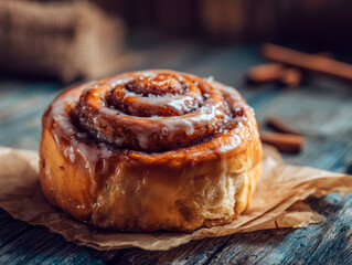 Giant frosted cinnamon roll on a rustic table