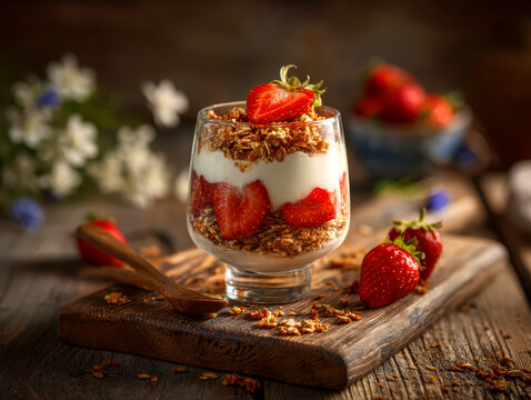 A glass of granola topped with yogurt and strawberries