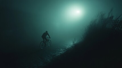 Naklejka premium A bicycle, illuminated, navigates dense, foggy darkness. 