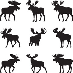 Obraz premium Nine moose silhouettes wildlife animal set