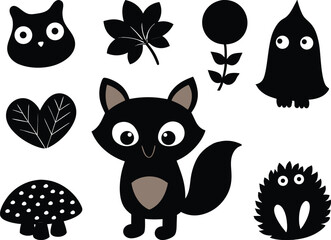 Whimsical Woodland Animals Clipart Set Illustration Silhouettes. Woodland Animal Silhouettes Clipart Set for Illustrations. Cute Woodland Creatures Clipart Set Illustration Silhouettes