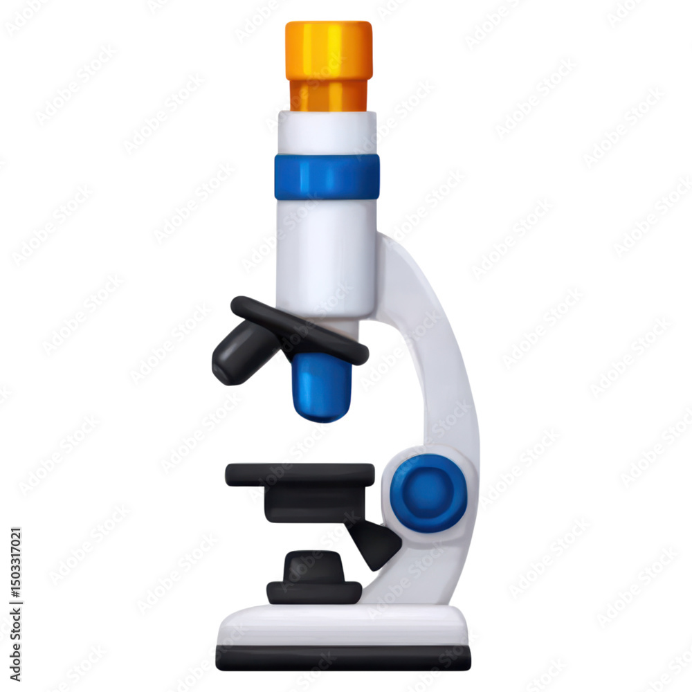 Poster scientific microscope with colorful details for laboratory studies, isolated on transparent backgrou