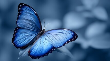 Vibrant blue butterfly on leaf with soft focused background in nature