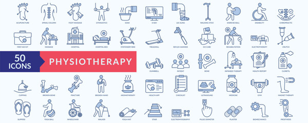 Physiotherapy icon collection set with acupuncture,foot massage, exercise ball, treadmill, infrared therapy