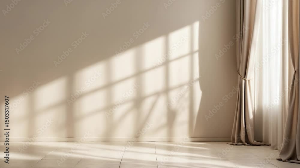 Poster minimalistic abstract gentle light beige background for product presentation with window curtain sha