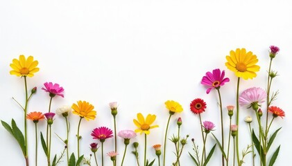 Obraz premium Delicate scattered wildflowers on white background, flower pattern, simple