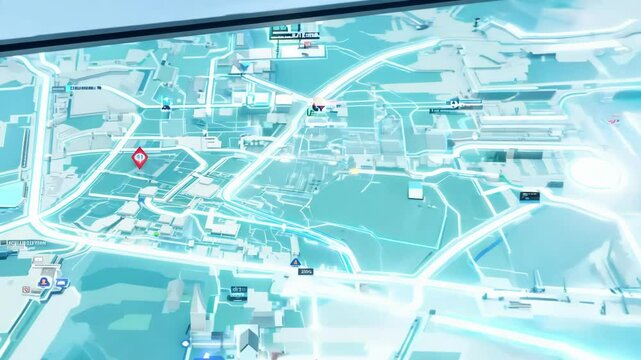 Digital city map interface displaying navigation pins and route planning features. The map shows detailed street layout with location markers gradually appearing