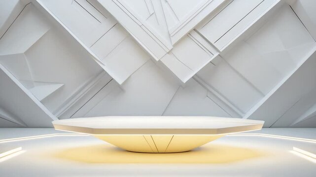 White abstract geometric background including crossed lines, corners, and polygon shapes as wall, paired with a wood table in soft light gradient white color in calm contemporary minimalist urban