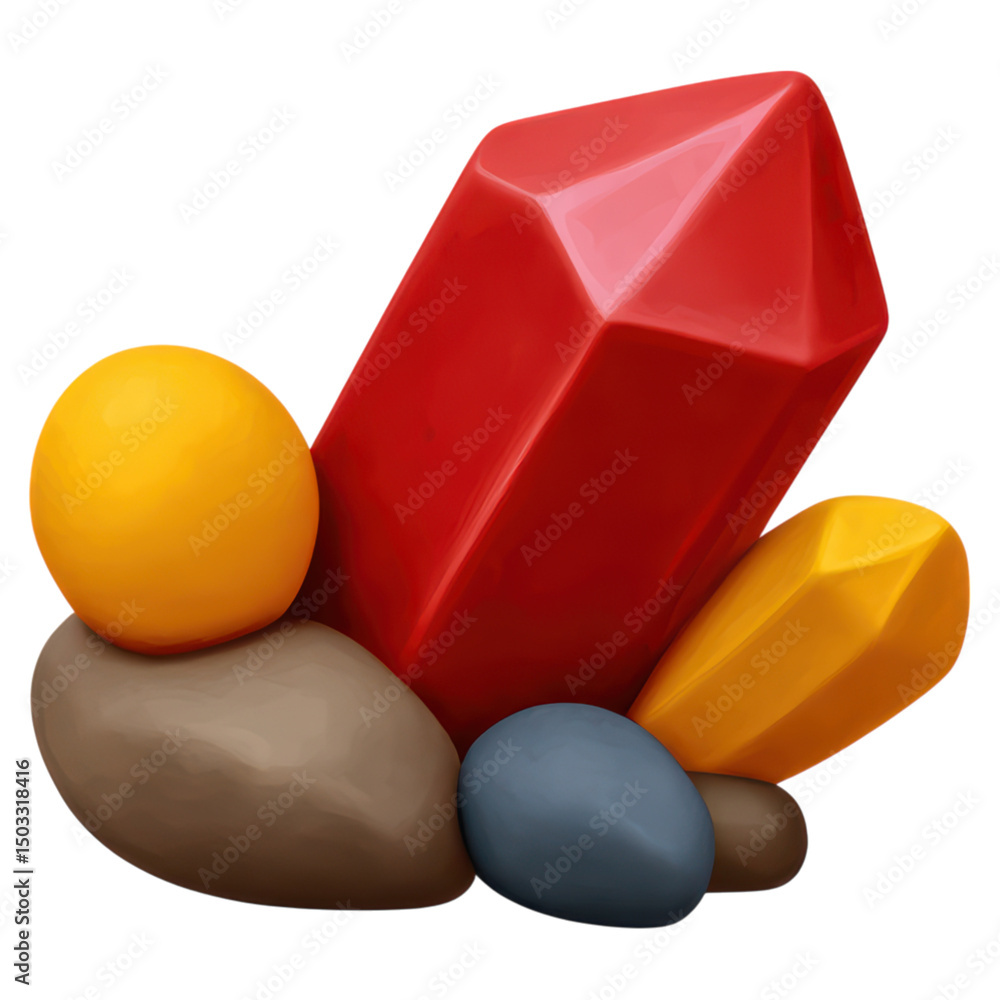 Poster colorful 3d gemstone composition with various shapes and textures, isolated on transparent backgroun