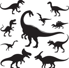 Collection of various dinosaur silhouettes black and white
