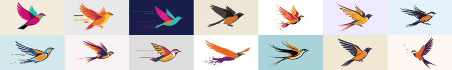 Obraz premium Colorful hummingbirds in various flying poses on abstract backgrounds 