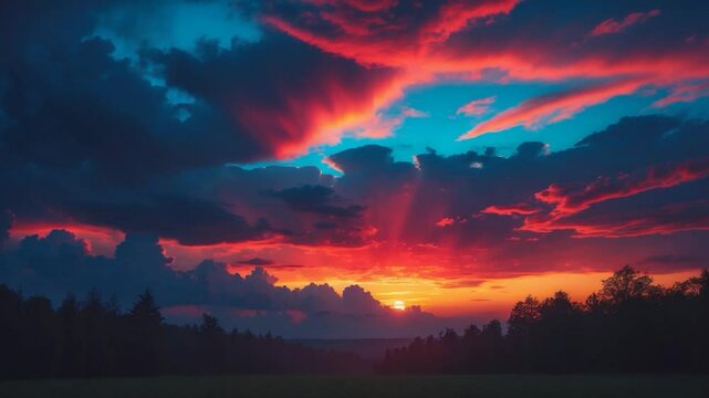 Vibrant sunset with thunderclouds on the horizon. Cloud-filled sky. Radiant sunset. Gloomy horizon. Forest enveloped in shadow. Evening twilight. Weather patterns. Scenic nature. Panoramic