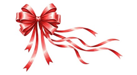 Watercolor Red Bow Long Ribbons Festive Decoration Ornament Isolated White Background Cut Out Gift Element