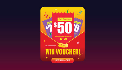 Colorful discount Popup voucher design for online shopping promotions, ideal for banners, sales, and marketing materials.