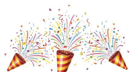 Watercolor Party Poppers Confetti Flying Bright Element Festive Celebration Isolated White Background Cut Out Explosive Item