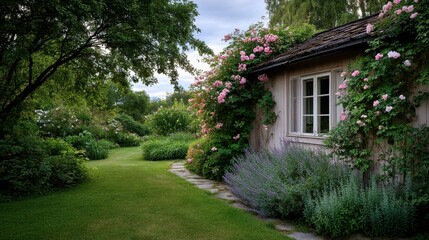 Blooming Roses and Herbs in Cottage Garden