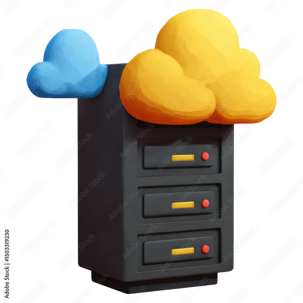 Poster creative cloud storage concept with clouds and file cabinet design, isolated on transparent backgrou