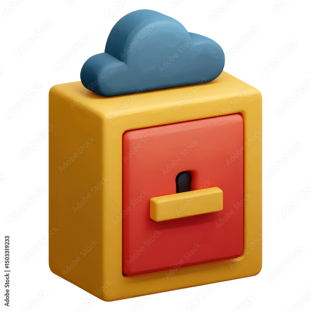 Poster colorful box with cloud top and lockable drawer for storage and organization, isolated on transparen