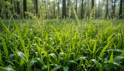 Fototapeta premium Springtime, forest glade, fresh grass, green herbaceous plants, sunny day, close-up, lovely, bright nature background, outdoor environment, eco ecology