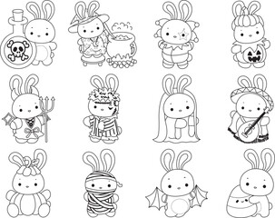 Fototapeta premium Outline of Illustration of cute bunny icon. Lineart of Funny rabbit in daily activities elements.