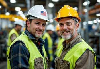 Obraz premium Smiling Industrial Workers in Hard Hats